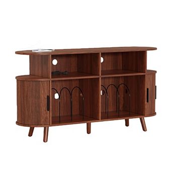 55'' Fluted Mid Century Modern Turntable Cabinet with Vinyl Storage, Large Round Record Stand