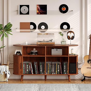 55'' Fluted Mid Century Modern Turntable Cabinet with Vinyl Storage, Large Round Record Stand