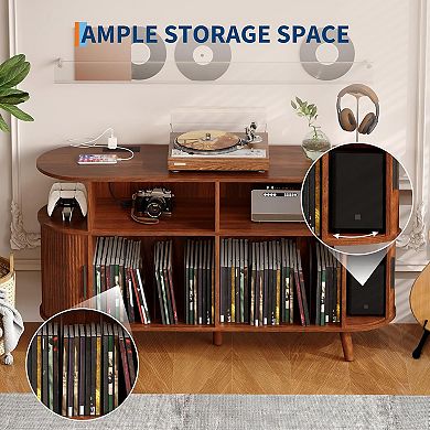 55'' Fluted Mid Century Modern Turntable Cabinet with Vinyl Storage, Large Round Record Stand