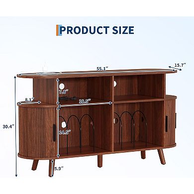 55'' Fluted Mid Century Modern Turntable Cabinet with Vinyl Storage, Large Round Record Stand