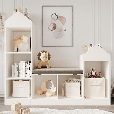 Kids Bookshelf with Reading Nook - 48" Bookcase with 6 Cubbies