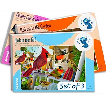 QUOKKA Set of 3 Dementia Jigsaw Puzzles with Birds & Cats - 13 pc Alzheimers Puzzle for Elderly