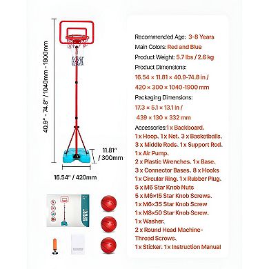 Adjustable Basketball Hoop Set for Home Play and Skill Development - Red