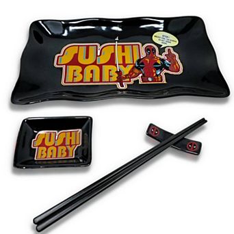 Bazillion Dreams Sushi Set Plate, Sauce Dish, Chopsticks & Holder, 4 pc Deadpool Design.