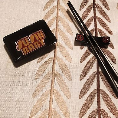 Bazillion Dreams Sushi Set Plate, Sauce Dish, Chopsticks & Holder, 4-Piece, Deadpool Design.