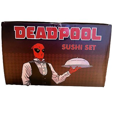 Bazillion Dreams Sushi Set Plate, Sauce Dish, Chopsticks & Holder, 4-Piece, Deadpool Design.