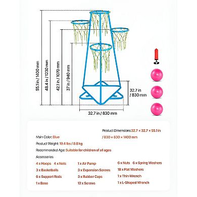 Adjustable Basketball Hoop Set for Active Play, Skill Development - Blue