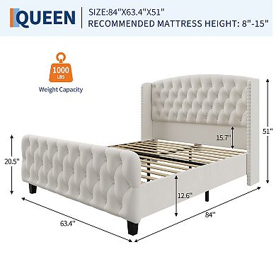 51"H Queen/King Size Platform Bed Frame - Deep Button Tufted Wingback Headboard & Footboard