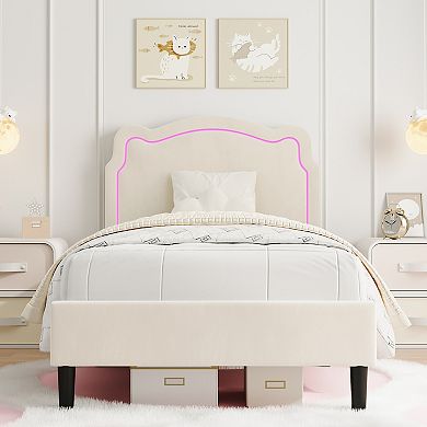 Twin Velvet Smart LED Princess Bed Frame - Adjustable Headboard (Bear Design), Removable Light Strip