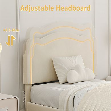 Twin Velvet Smart LED Princess Bed Frame - Adjustable Headboard (Bear Design), Removable Light Strip