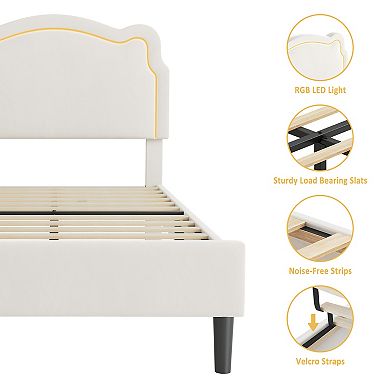 Twin Velvet Smart LED Princess Bed Frame - Adjustable Headboard (Bear Design), Removable Light Strip