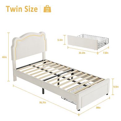 Twin Velvet Smart LED Princess Bed Frame - Adjustable Headboard (Bear Design), Removable Light Strip