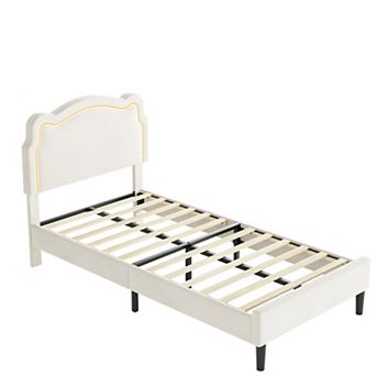 Twin Velvet Smart LED Princess Bed Frame - Adjustable Headboard (Bear Design), Removable Light Strip