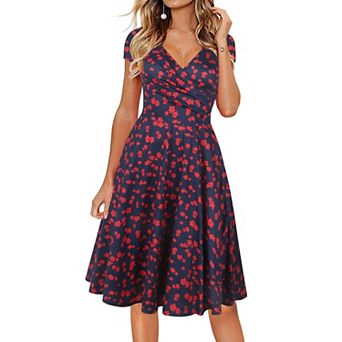 Summer Floral Dress Women A-Line V-Neck Party Tea Dress