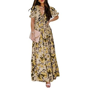 Women Casual Boho Floral Ruched V-Neck Short Sleeve Dress
