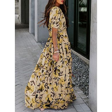 Women Casual Boho Floral Ruched V-Neck Short Sleeve Dress