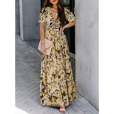 Women Casual Boho Floral Ruched V-Neck Short Sleeve Dress