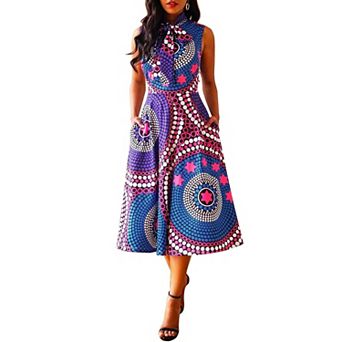 Women’s High Waist Color Block A-Line Maxi Dress with Pockets