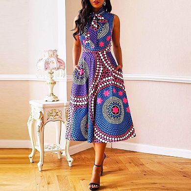 Women’s High Waist Color Block A-Line Maxi Dress with Pockets