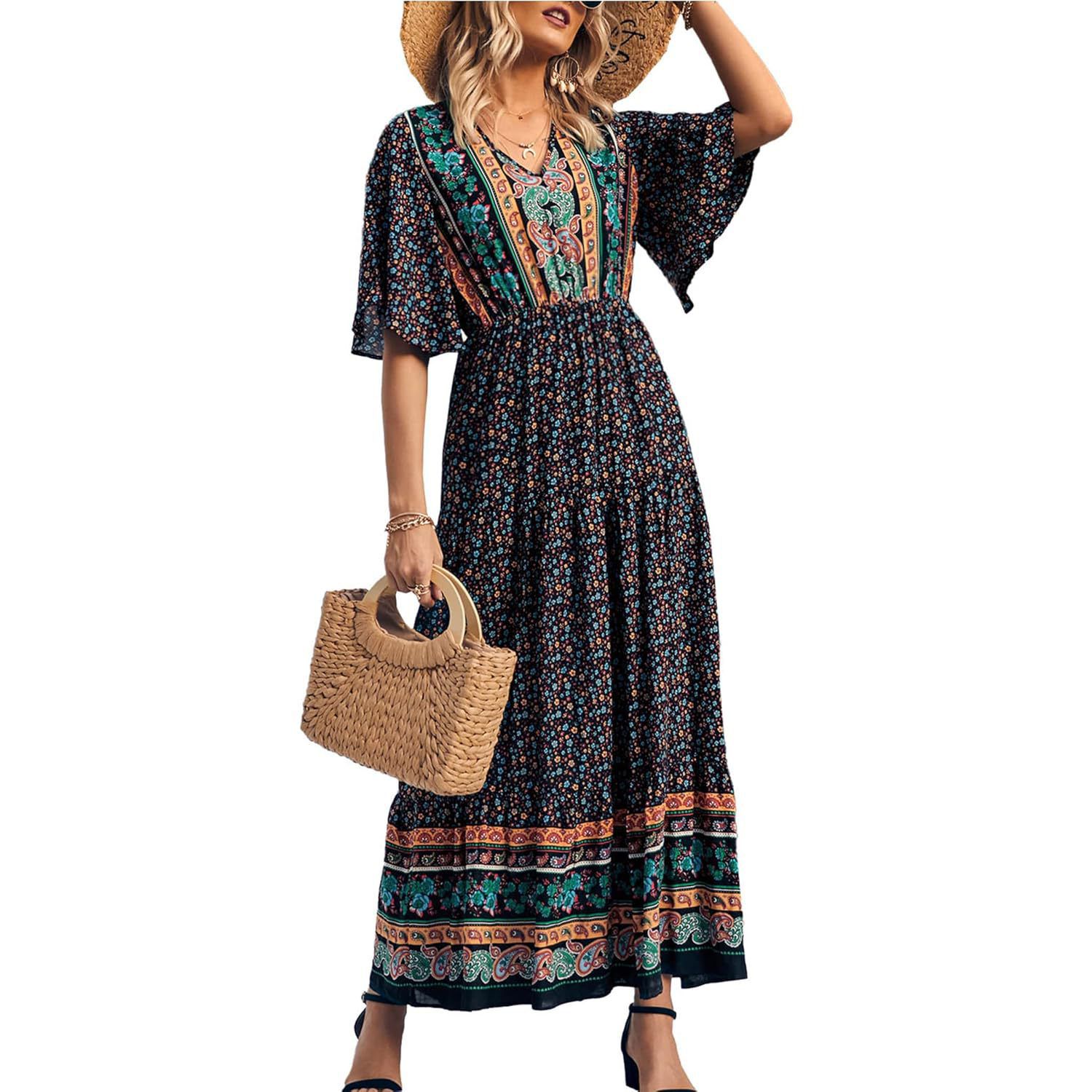 Женские платья Casual Summer Boho Floral Print Dress V Neck Short Sleeve High Waist Long Maxi Beach Dresses