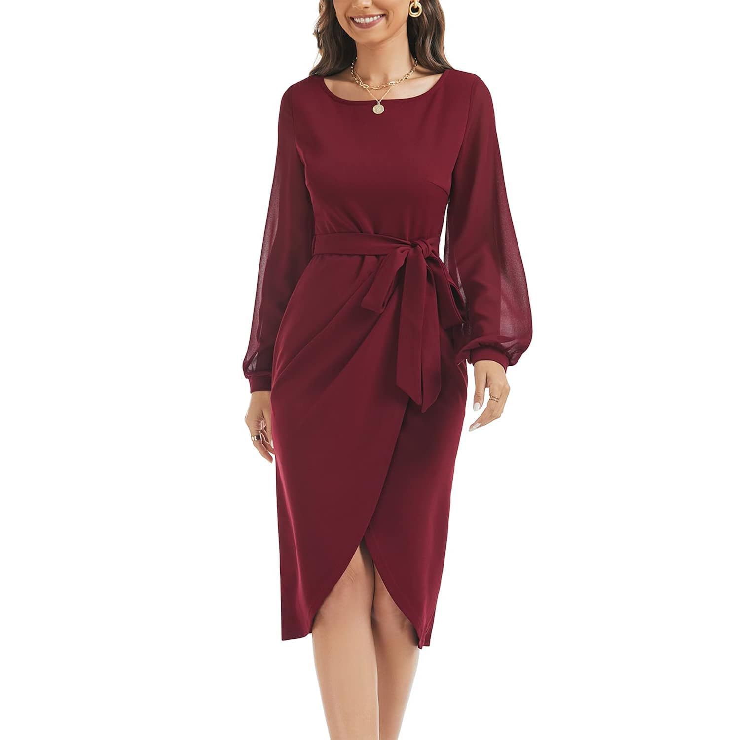 Женские платья Wedding Guest Dresses For Women Petite Elegant V-Back Chiffon Long Sleeve Belted Split Ruched Casual
