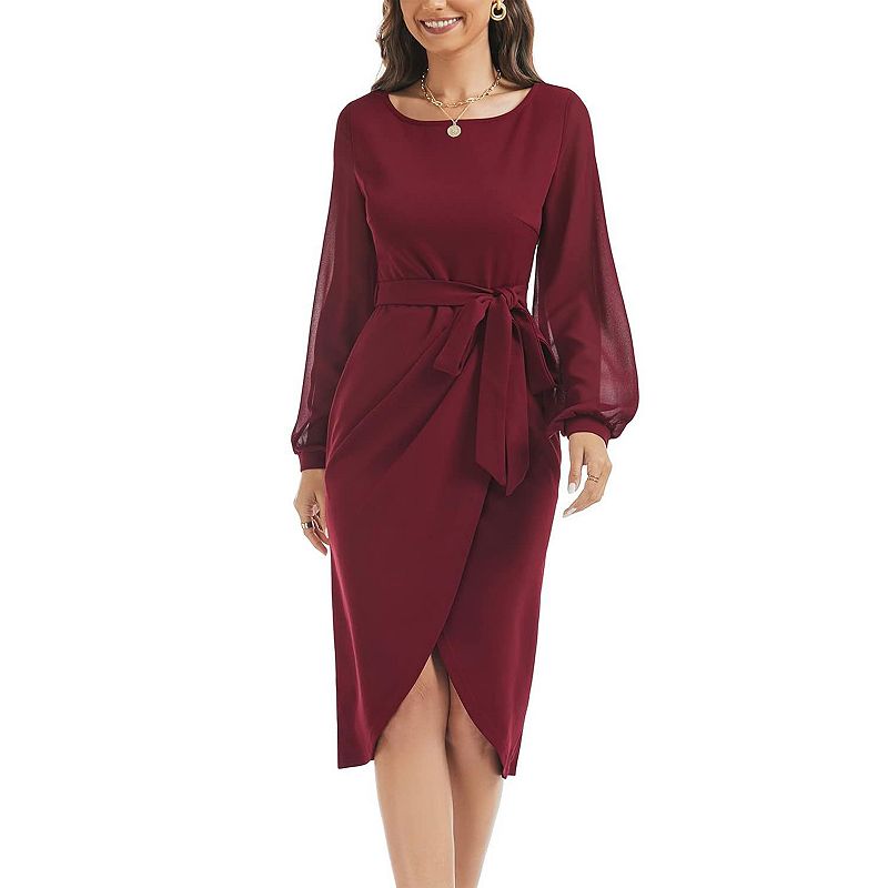 petite burgundy dress for wedding Guest Dresses Women Elegant V-Back Chiffon Long Sleeve Belted Split Ruched Casual v neck sequined bow 2025 NH SUMMER SHOP Shoe size:10 The fabric is comfortable