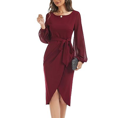 Wedding Guest Dresses For Women Petite Elegant V-Back Chiffon Long Sleeve  Belted Split Ruched Casual