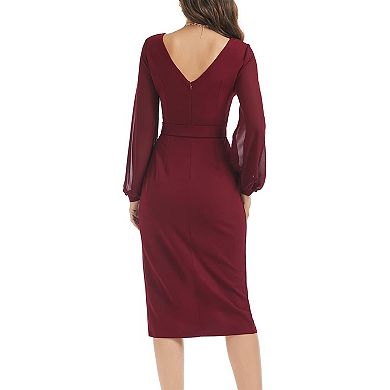 Wedding Guest Dresses For Women Petite Elegant V-Back Chiffon Long Sleeve Belted Split Ruched Casual
