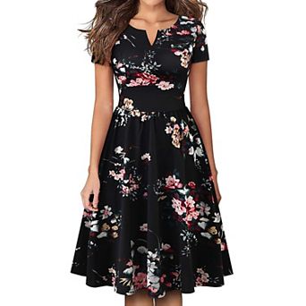 Womens Black Floral Print Dress Vintage Wrinkle Short Sleeve Knee Length Cute V Fall Business Office