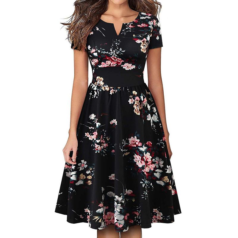 cute dresses for women knee length Womens Black Floral Print Dress Vintage Wrinkle Short Sleeve V Fall Business Office Dance the night away Size:S(Within 3kg) Cocktail dress pattern-stripes Cream PrettyLittleThing Lace Mini
