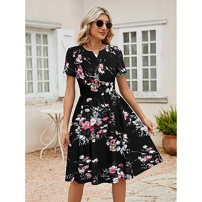Womens Black Floral Print Dress Vintage Wrinkle Short Sleeve Knee Length Cute V Fall Business Office