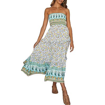 Women's Strapless Floral Maxi Dress for Summer Beach Parties