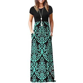 Women Short Sleeve Loose Plain Casual Long Maxi Dresses With Pockets