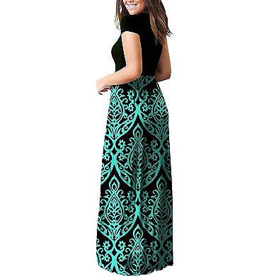 Women Short Sleeve Loose Plain Casual Long Maxi Dresses With Pockets