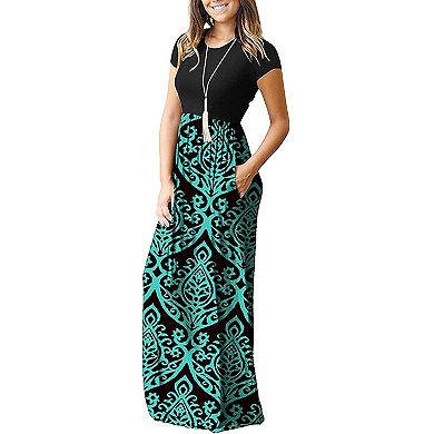 Women Short Sleeve Loose Plain Casual Long Maxi Dresses With Pockets