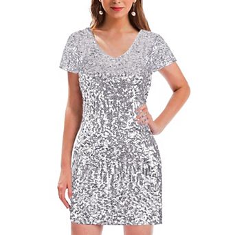 Womens Sequin Glitter Short Sleeve Dress V Neck Mini Party Club Bodycon Dresses