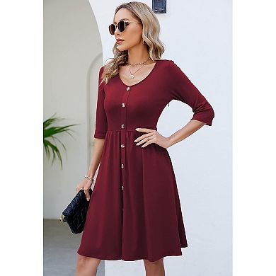 Womens Casual Fall 3/4 Sleeve V-Neck Button Down A-Line Swing Party Dress