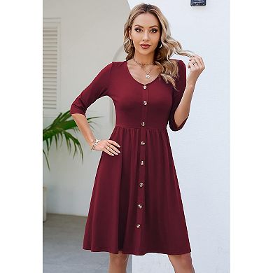 Womens Casual Fall 3/4 Sleeve V-Neck Button Down A-Line Swing Party Dress