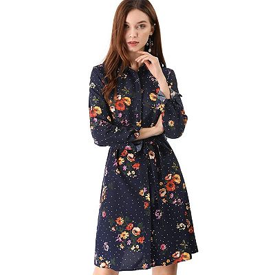Womens Button Down Vintage Polka Dots Dresses Collar Tie Belted Shirt Dress Large Dark Blue