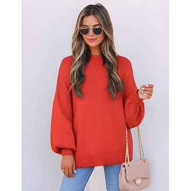 Womens Lantern Sleeve Ribbed Turtleneck Pullover Jumper