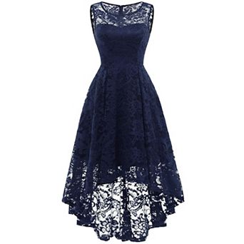 Navy Floral Lace Hi-Lo Cocktail Dress for Evening Parties