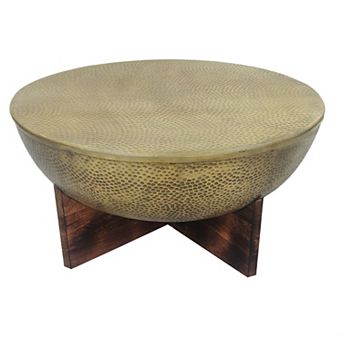 Arden Coffee Table, Round Hammered Metal Top, Mango Wood Bass, Antique Brass