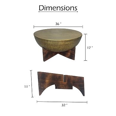 Arden Coffee Table, Round Hammered Metal Top, Mango Wood Bass, Antique Brass
