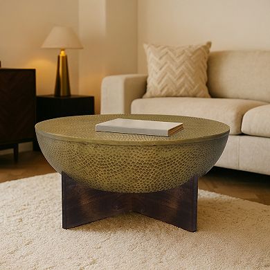 Arden Coffee Table, Round Hammered Metal Top, Mango Wood Bass, Antique Brass