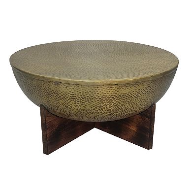 Arden Coffee Table, Round Hammered Metal Top, Mango Wood Bass, Antique Brass