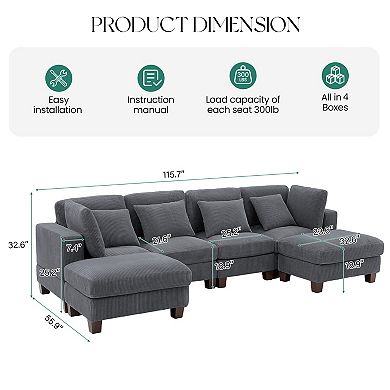 115.7" 4 Seater Corduroy Cloud Couch Modular Sectional Sofa With 2 Ottomans