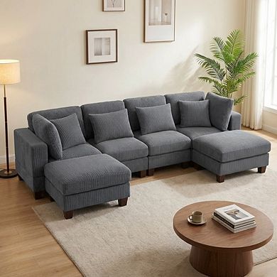 115.7" 4 Seater Corduroy Cloud Couch Modular Sectional Sofa With 2 Ottomans