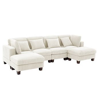 115.7" 4 Seater Corduroy Cloud Couch Modular Sectional Sofa With 2 Ottomans