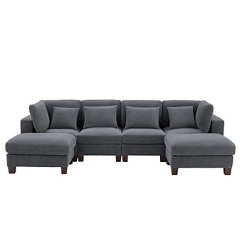 115.7" 4 Seater Corduroy Cloud Couch Modular Sectional Sofa With 2 Ottomans
