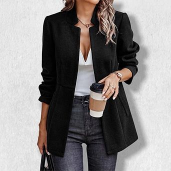 Women Open Front Plain Long Sleeve Outerwear Jacket for Work Daily Wear Casual Blazer